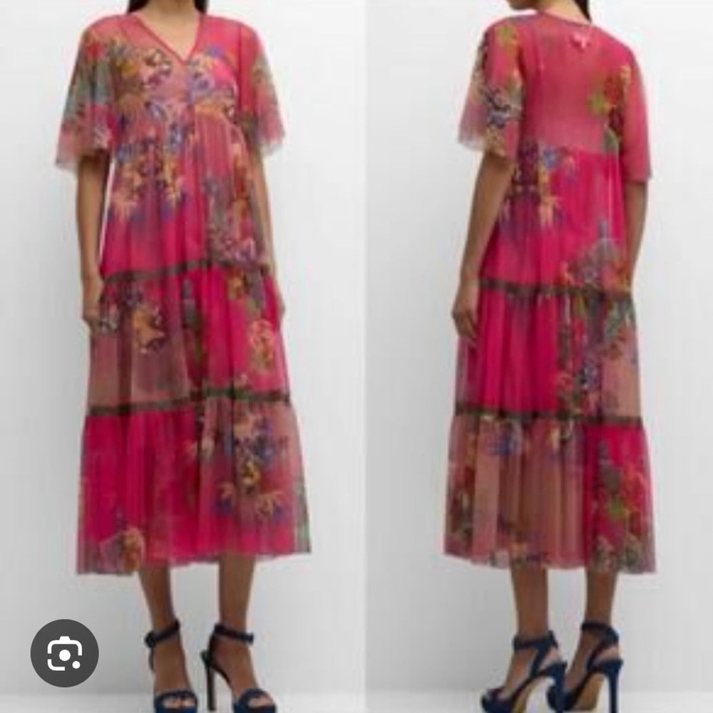 Johnny Was mazzy tierred embroidery Floral Midi Dress